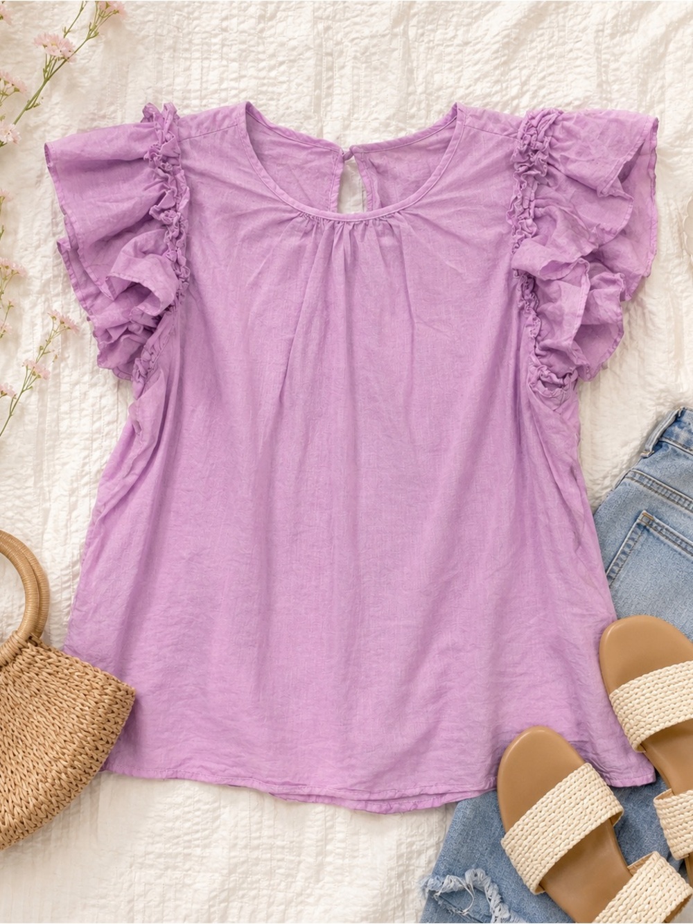 ON 34th Lilac Flutter Sleeve Cotton Modal Blouse Size Small